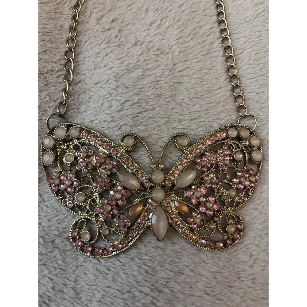 Pink Rhinestone Butterfly Statement Necklace Boho - Picture 2 of 7
